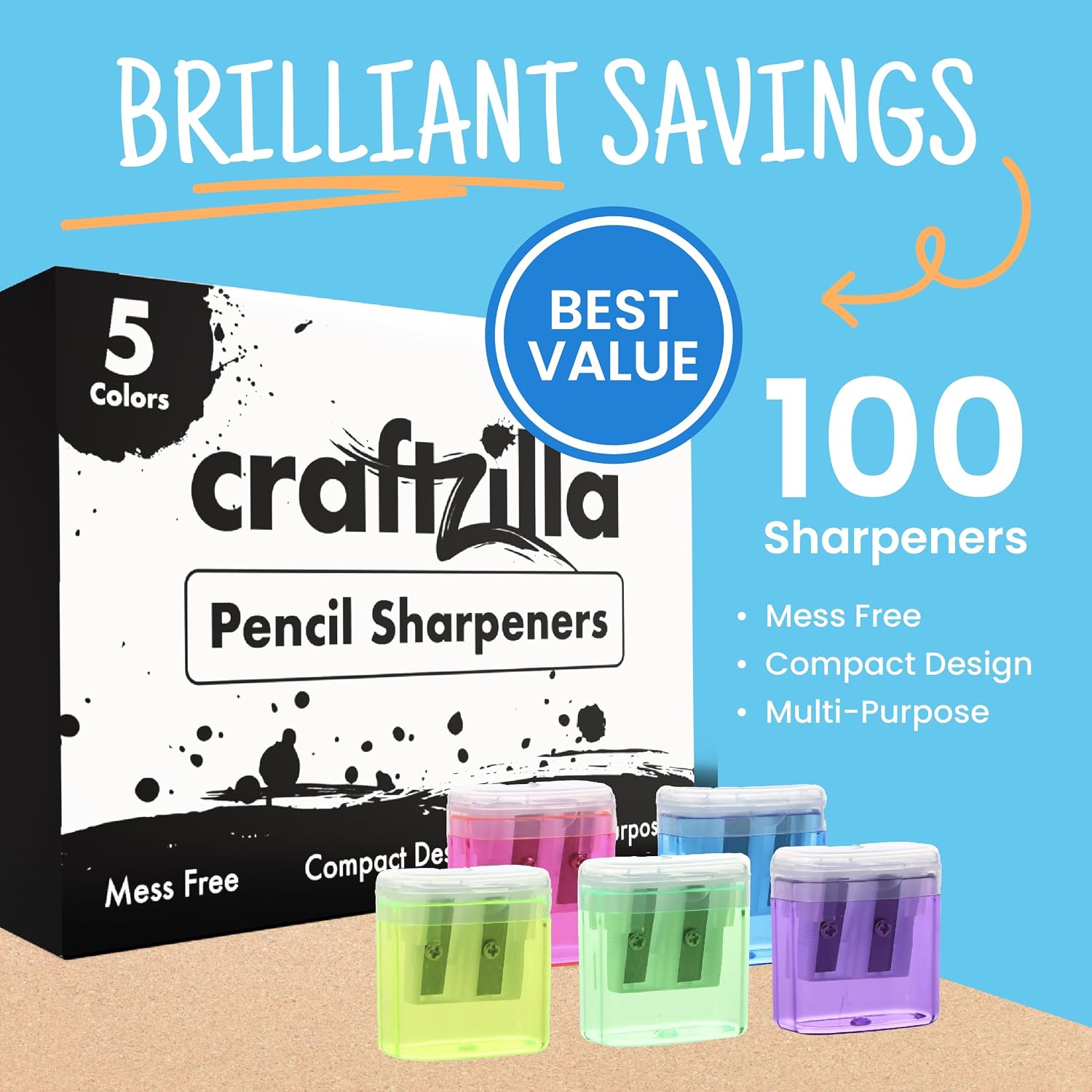 Thumbnail 2 de Craftzilla SHA01 Manual Pencil Sharpeners, Dual-Hole, 100-Pack, 5 Colors