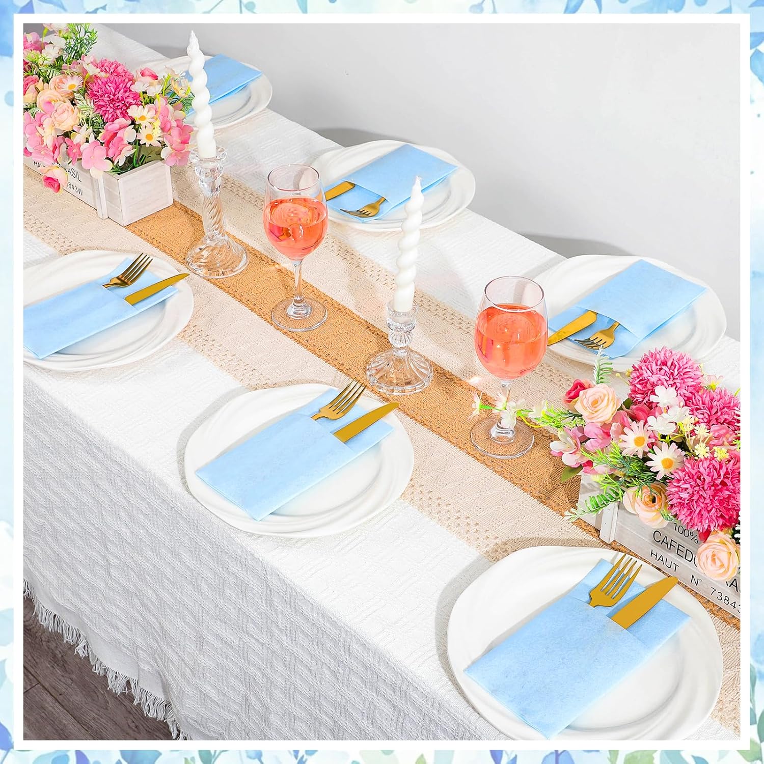 Detalle de NatNarr 60 Pack Light Blue Linen-Feel Paper Napkins with Built-in Flatware Pocket