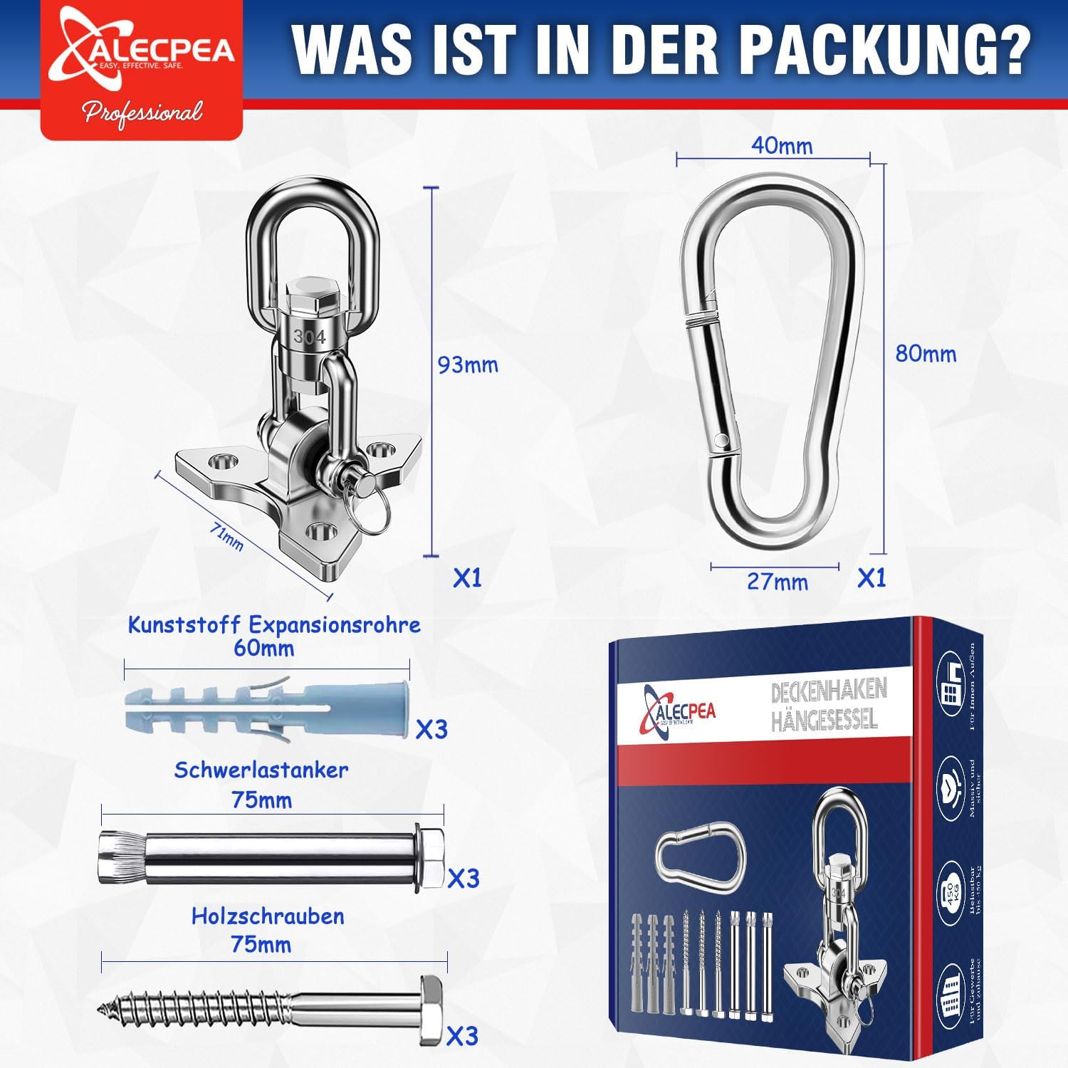 Thumbnail 4 de ALECPEA 360° Dreh-Deckenhaken für Schaukeln & Hängesessel – Tragfähigkeit 450 kg, Edelstahl