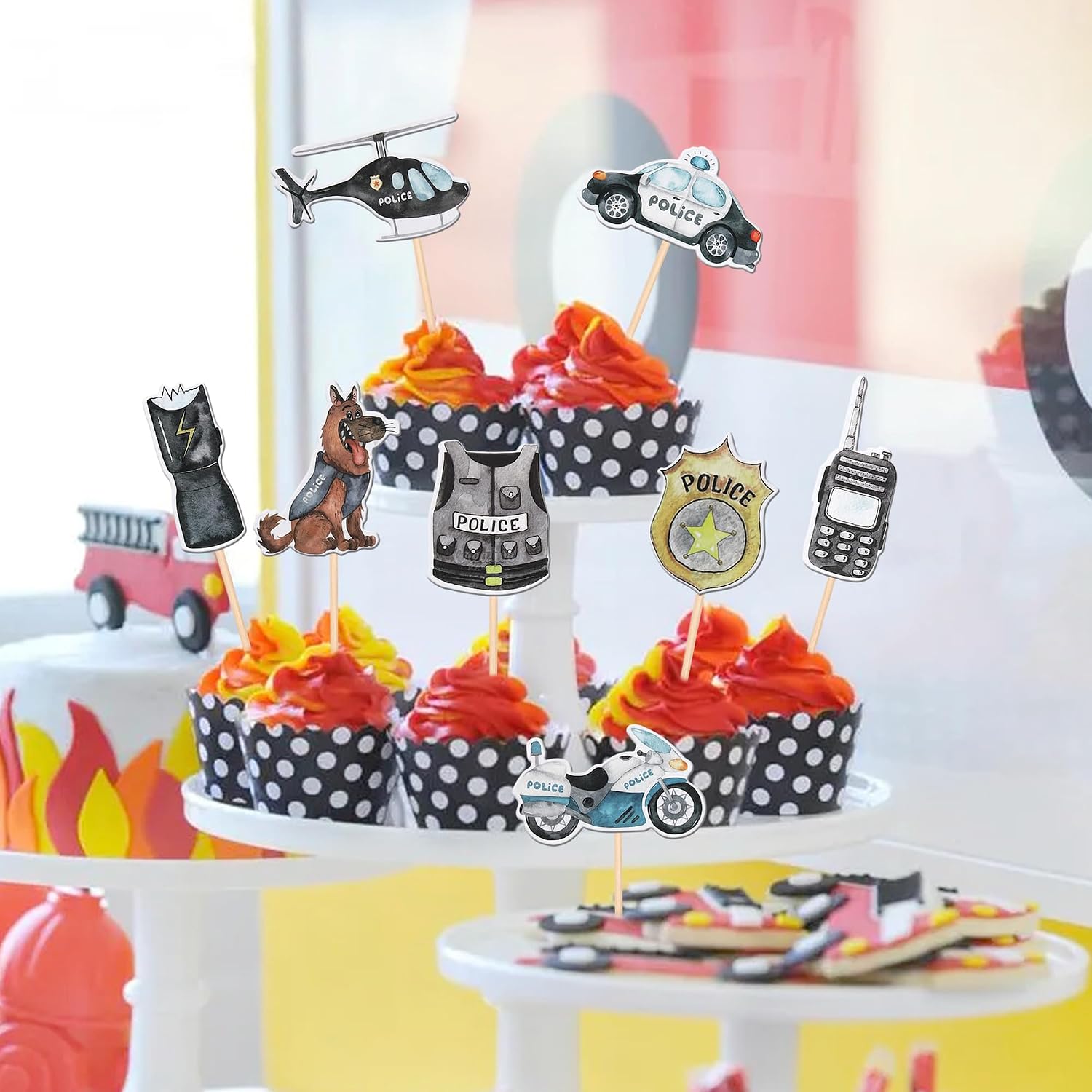 Detalle de Xsstarmi 40 Pack Police Cupcake Toppers – Police Car, Helicopter & K-9 Theme Decor