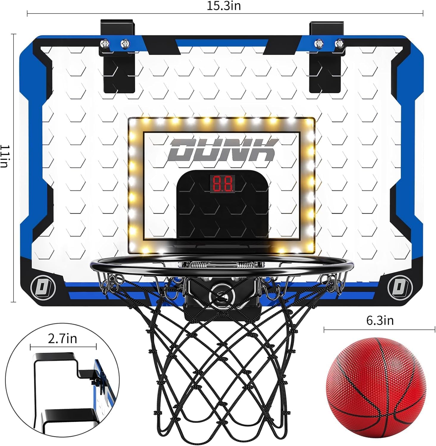 Detalle de TEMI Indoor Over-The-Door Basketball Hoop with 4 Balls – LED Backboard, Scoring & Sound Effects