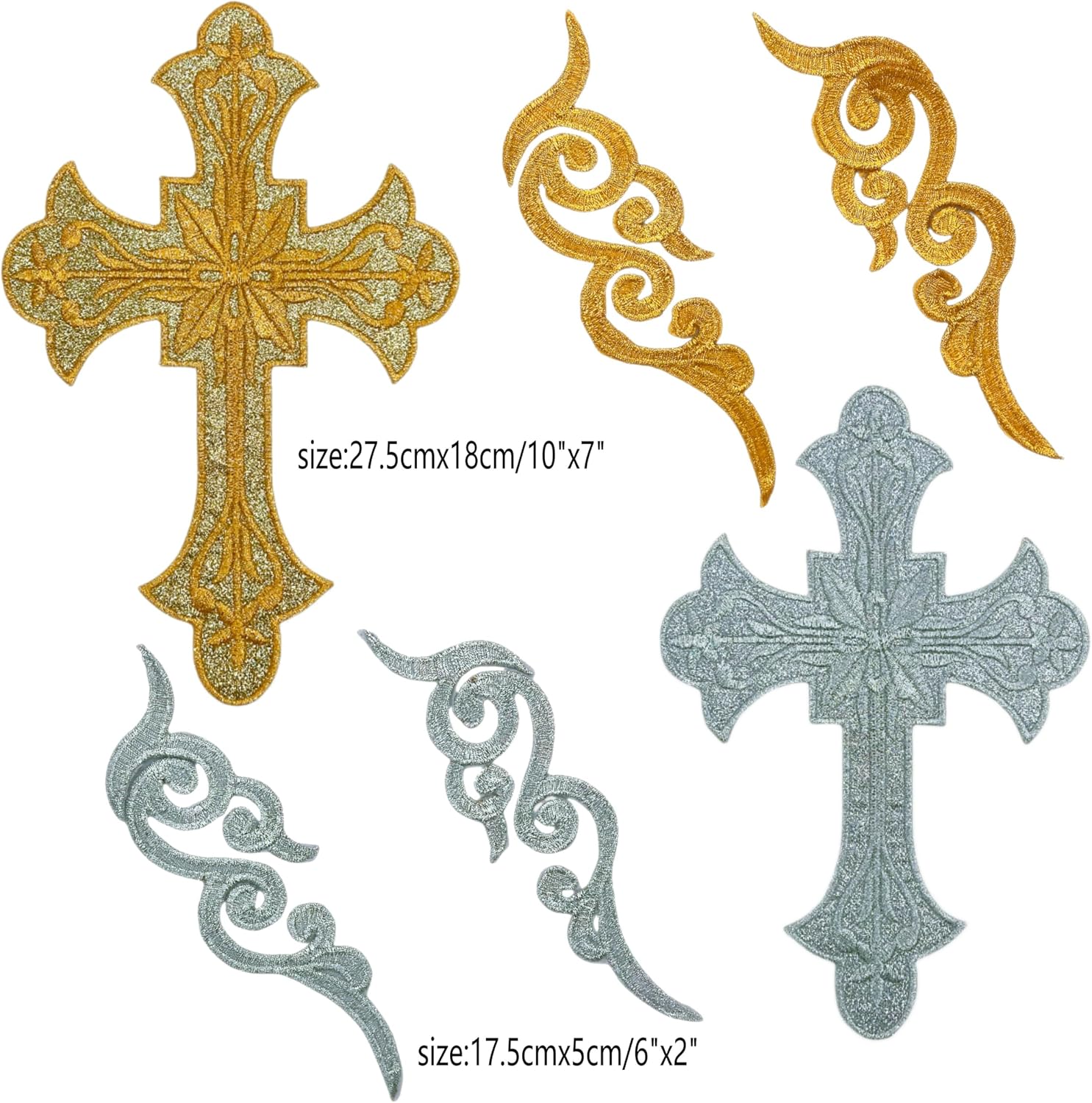 Detalle 2 de MUMAYA Religious Cross Iron-On Appliques, Gold and Silver Embroidery, 6-Piece Set