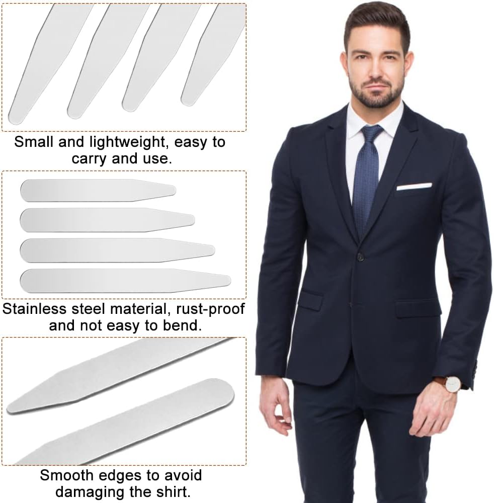 Detalle de WANTOUTH 8pc Stainless Steel Collar Stiffeners (4 sizes: 56mm–76mm) for dress shirts
