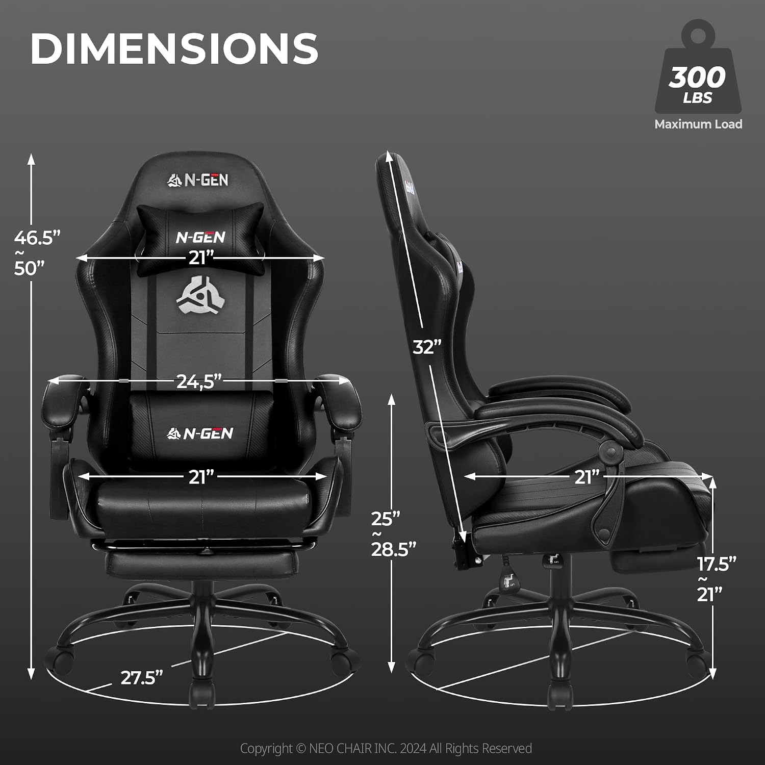 Detalle de N-GEN GAMING NG2601A Gaming Chair with Footrest, Reclining Back, All Black