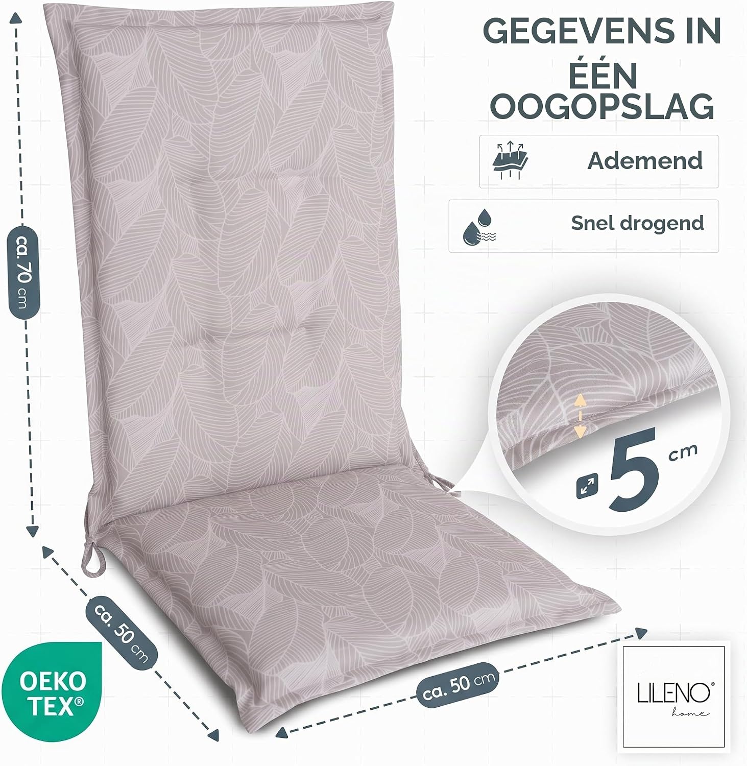 Detalle de LILENO HOME tuinstoelkussens, 2-delige set voor hoge rugleuning, grijs bladmotief