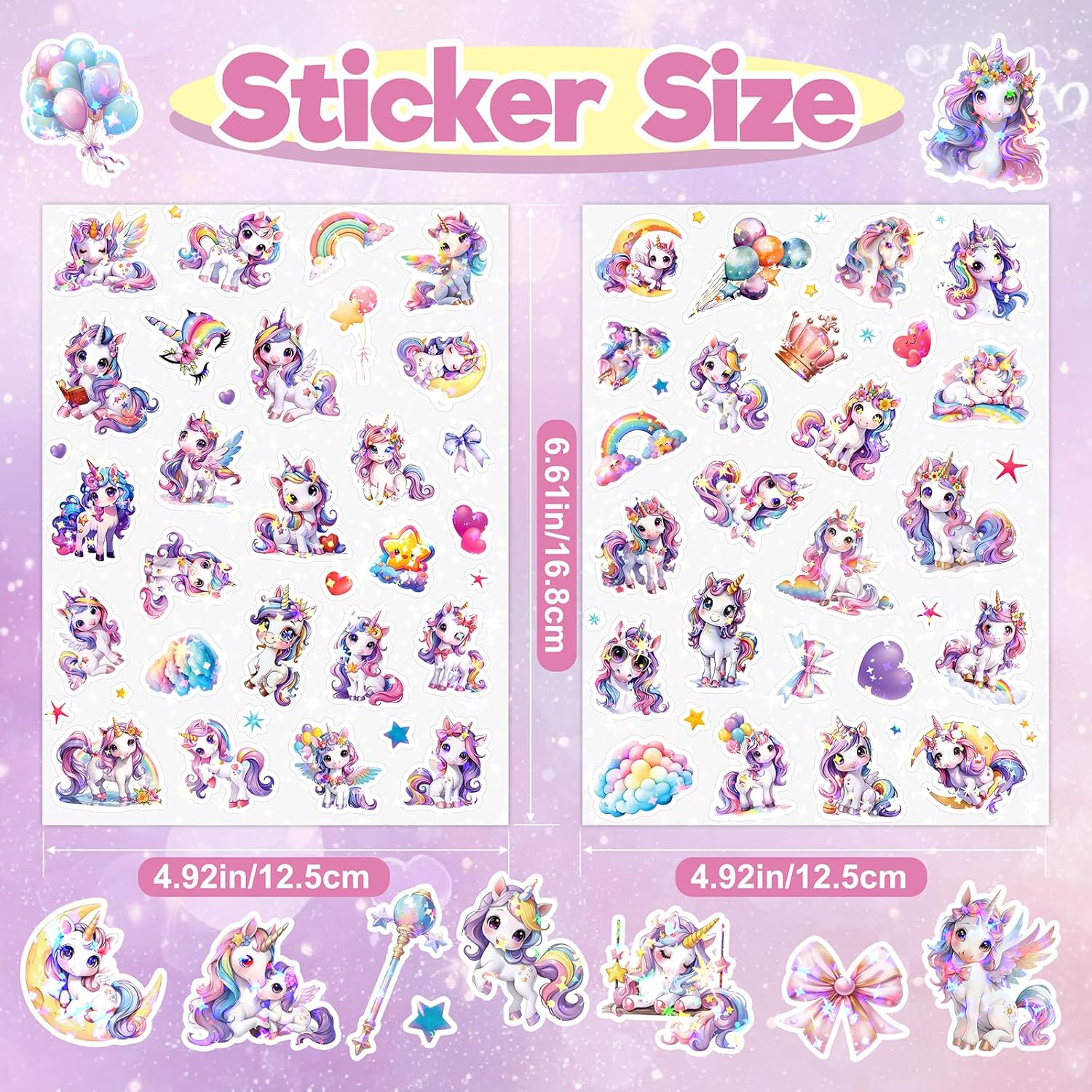 Detalle 2 de Unicorn Glitter Stickers for Children – 8 Cute Unicorns with a Holographic Finish