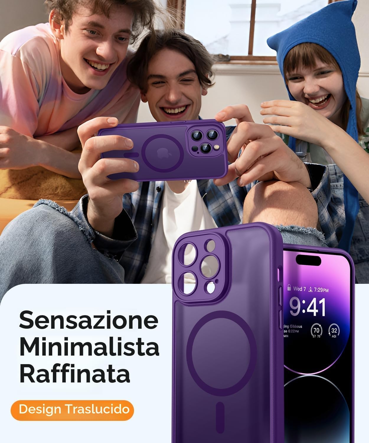 Thumbnail 6 de CANSHN Cover magnetica per iPhone 14 Pro da 6,1" compatibile MagSafe, protezione fotocamera e antiurto viola profondo