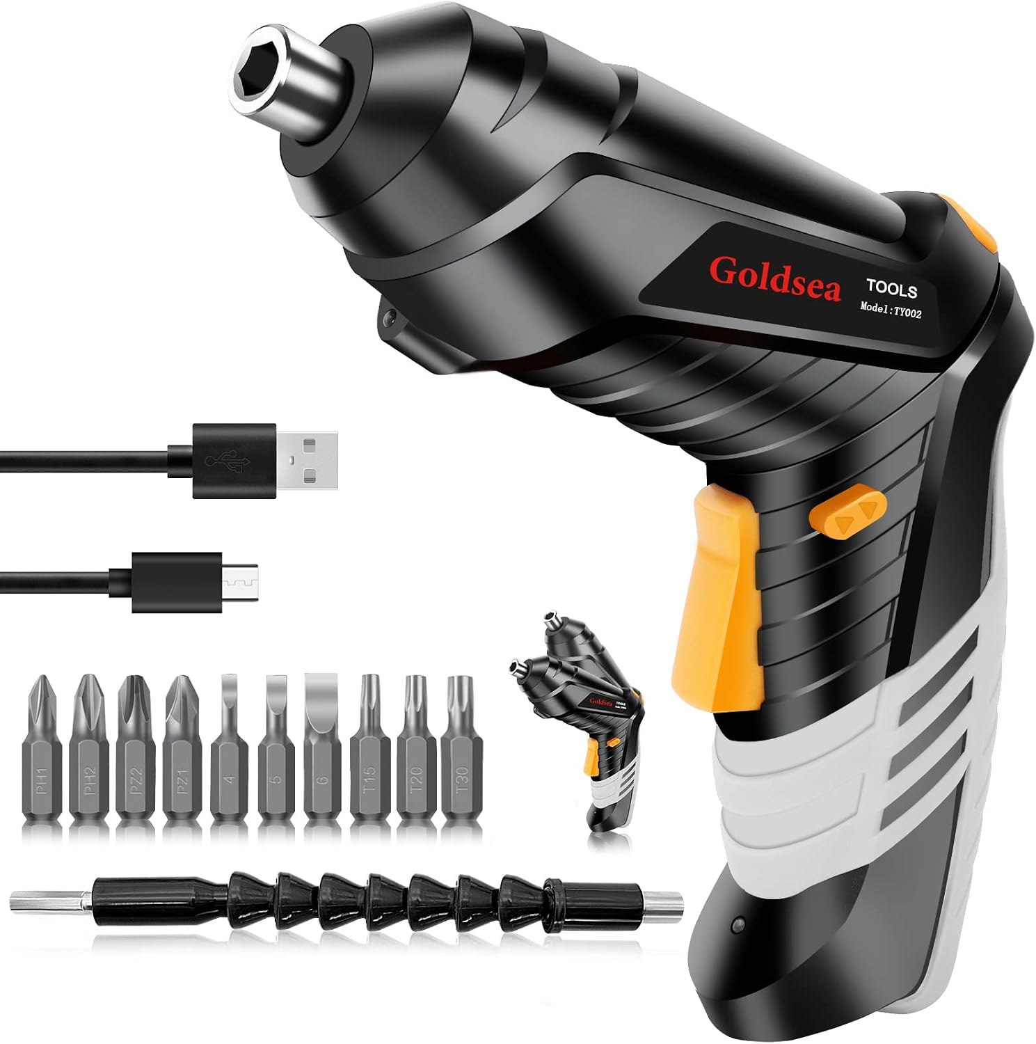 Goldsea Avvitatore a Batteria 1.5Ah 4.2V: pratico cacciavite elettrico 90°-180° con LED, 10 punte e ricarica USB-C per fai da te domestico