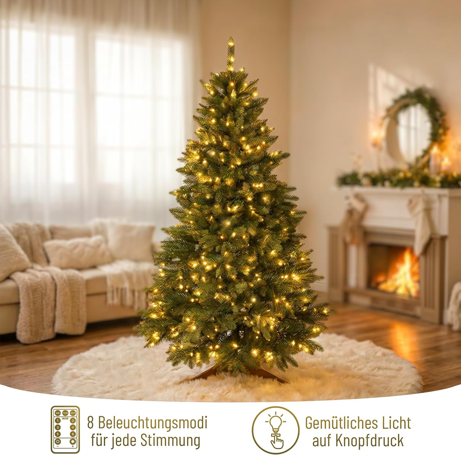 Detalle 2 de Premium Künstlicher Weihnachtsbaum mit Beleuchtung 180 cm – naturgetreuer Tannenbaum, 440 warmweiß-goldene LEDs, 8 Lichtmodi & Timer