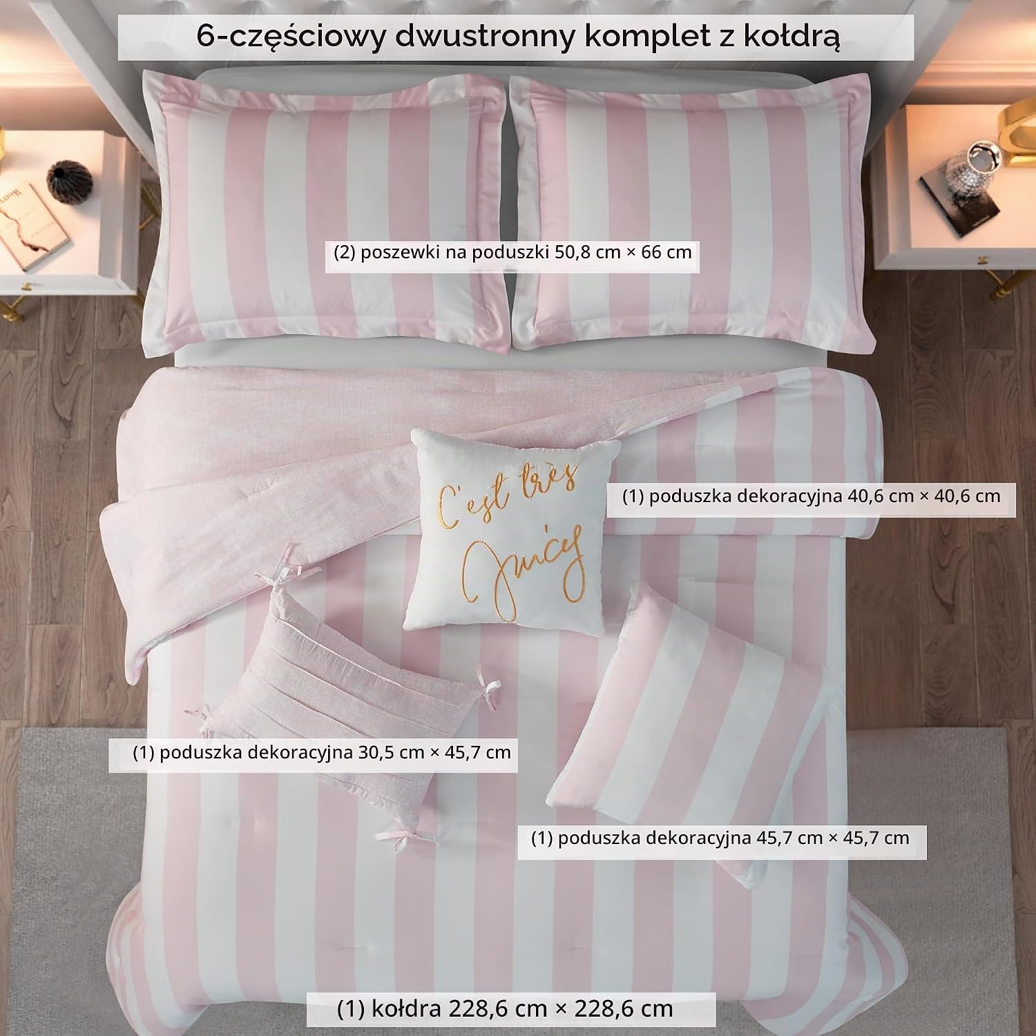 Detalle de Juicy Couture JYZ027419 – dwustronny zestaw kołdry Cabana Stripe, Queen/Full