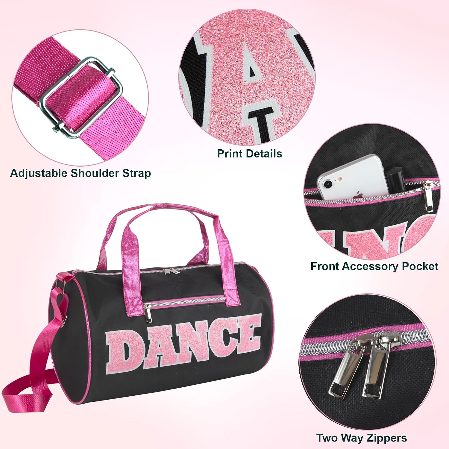 Detalle 2 de 75192012716 Dance Duffel Bag, Black/Pink with Adjustable Shoulder Strap