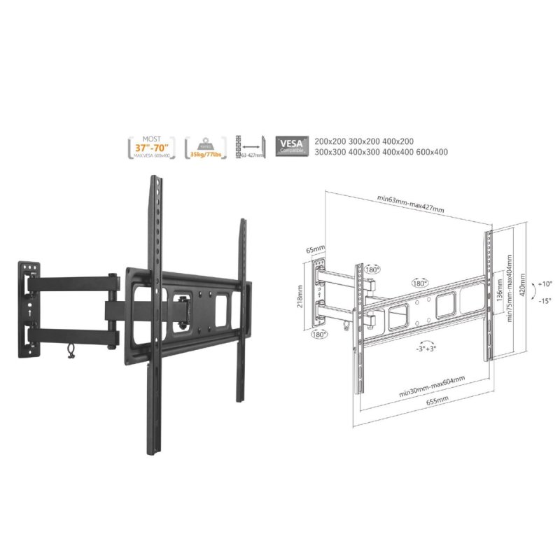 Detalle 2 de Equip Soporte de Pared para Pantalla 37"-70" de Doble Brazo Inclinable y Giratorio (VESA 600x400) - Carga Máx. 35 kg