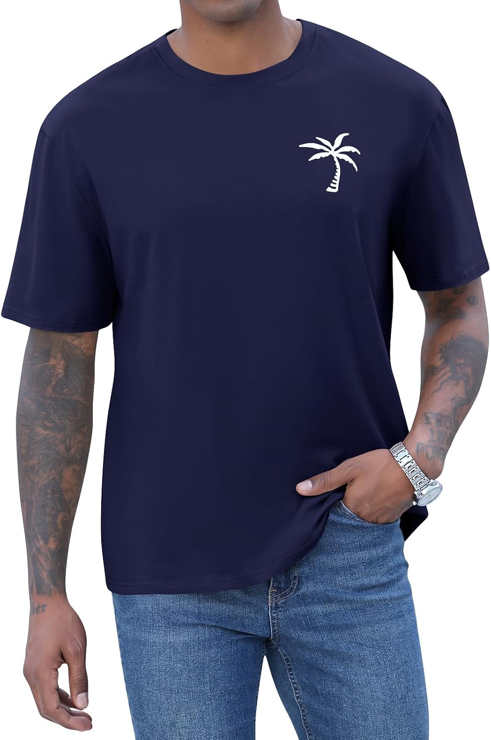 Detalle de iudam Herren Kurzarm T-Shirt Rundhals Sommer mit Palmenmotiv – atmungsaktives Baumwollmix-Oberteil