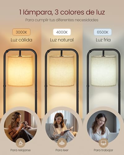 Detalle de VASAGLE Lámpara de Pie con 3 Estantes LFL001BD02 – Luz LED integrada, 3 temperaturas, pantalla de tela, negro