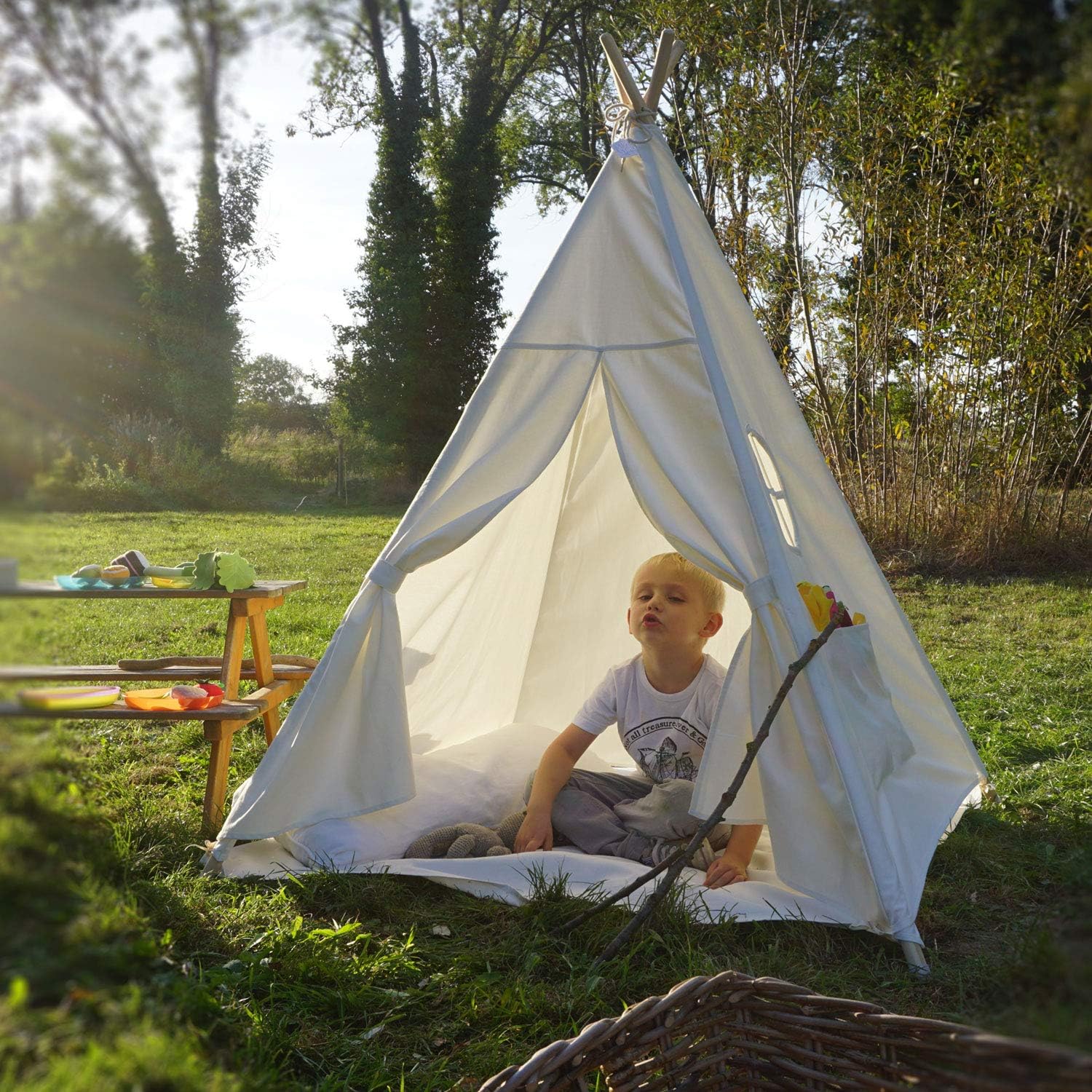 Detalle de HEJ LØNNE Tenda Tipi Indiana per Bambini Beige Naturale con Tappetino e Finestra 120x120x150 cm