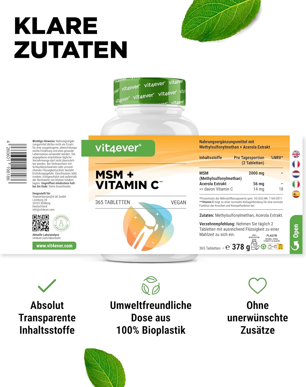 Detalle de vit4ever MSM 2000 mg mit Vitamin C aus Acerola – 365 Tabletten (6-Monatsvorrat, vegan, laborgeprüft)
