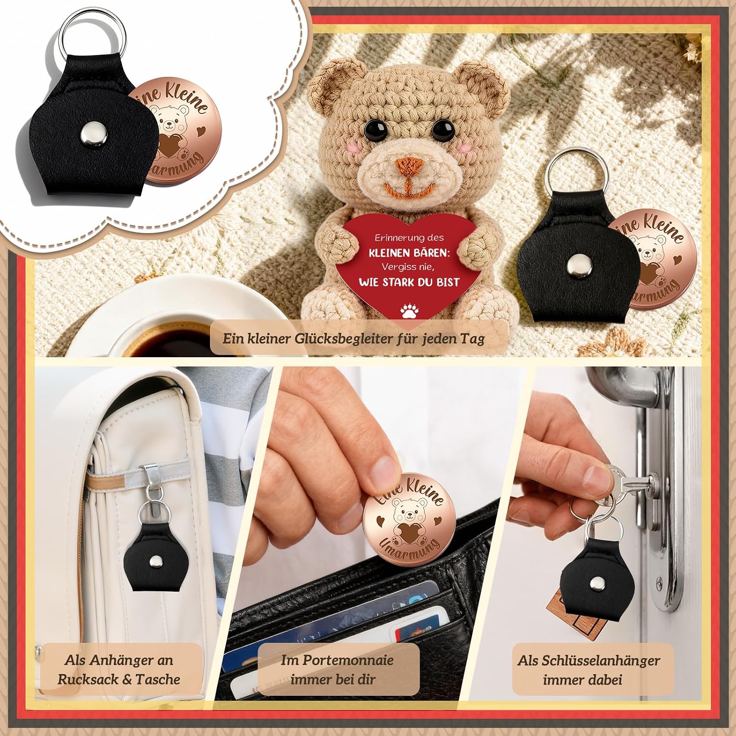 Detalle 2 de Giftota Gute Besserung Geschenk – Handgehäkelter Bär mit Glücksbringer & Lederetui