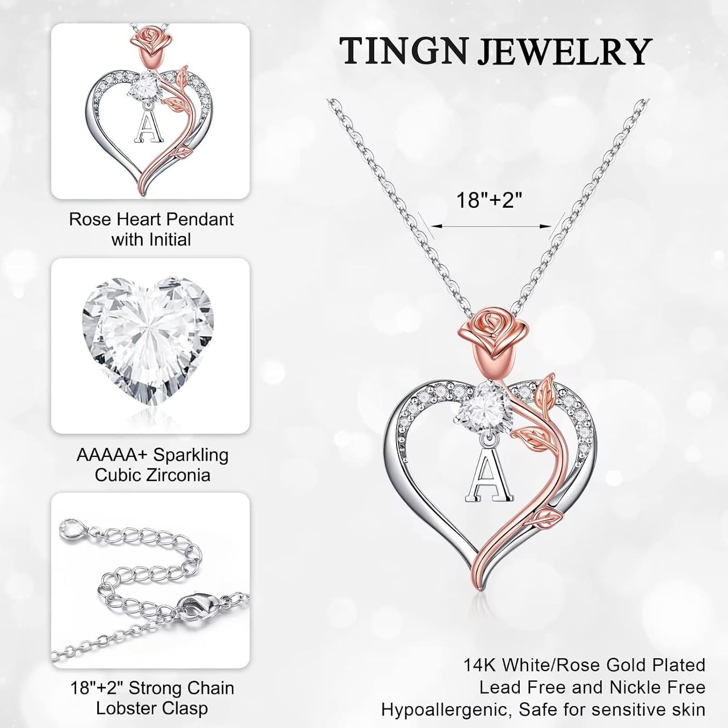 Detalle de TINGN Collana da donna con ciondolo a cuore in oro bianco 14K con zirconi