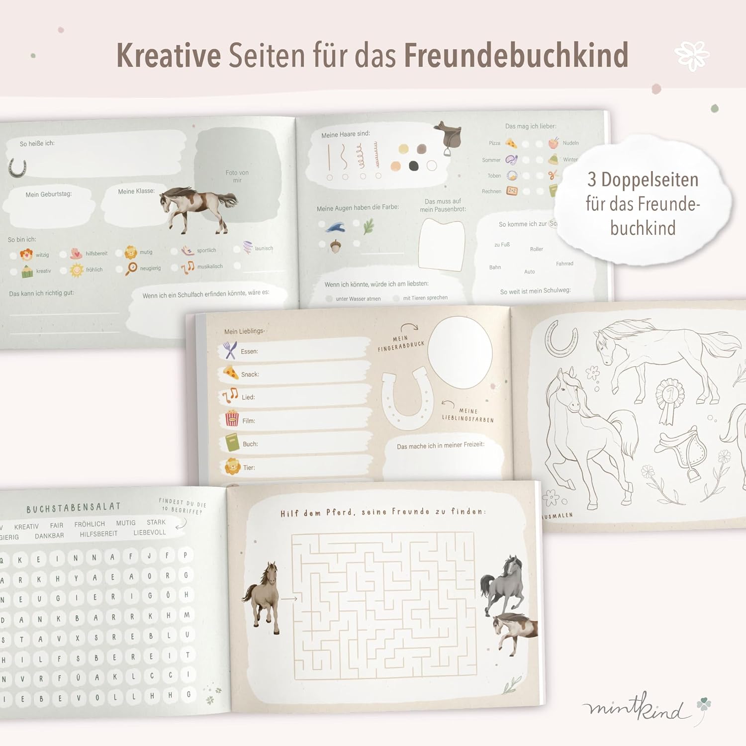 Detalle de mintkind® Schulfreundebuch Pferde für Mädchen (DIN A5, Hardcover, 30 Freundeseiten) – mit Geburtstagskalender & Malrätseln