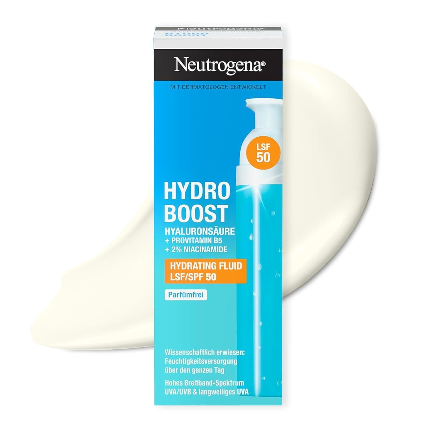 Detalle de Neutrogena Hydro Boost Aqua Fluid LSF 50 – leichte, parfumfreie Tagescreme mit Hyaluronsäure