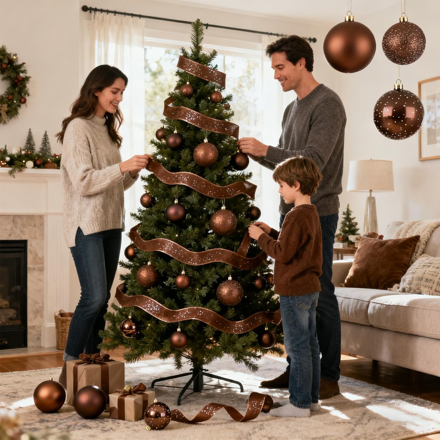 Thumbnail 6 de JHWELRG® Weihnachtskugeln Set (101-teilig) in Bronze, matt & glänzend, Kunststoff- Christbaumschmuck mit Bändern und Box