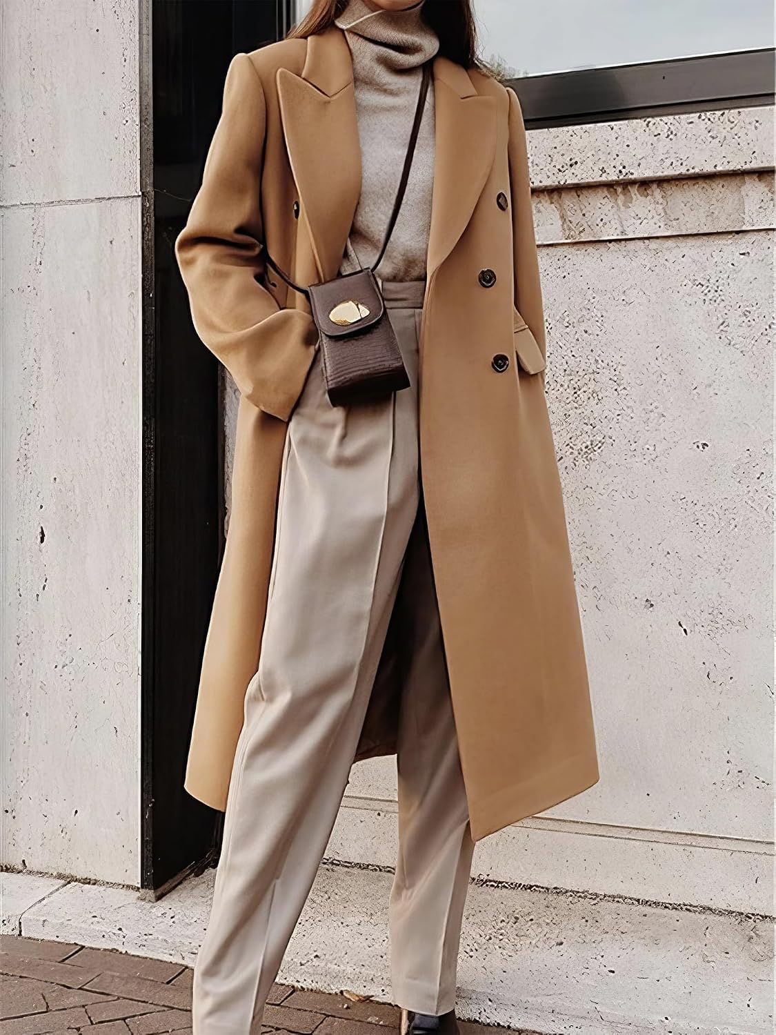Detalle de IDEALSANXUN Women's Long Wool-Blend Peacoat, Double-Breasted, Below-Knee Length