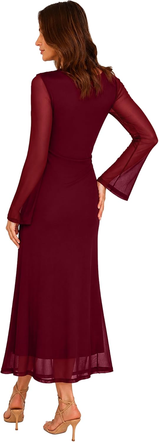 Detalle 1 de Sipaya Bodycon Maxi Dress with Square Neck, Sheer Sleeves and Ruched Waist
