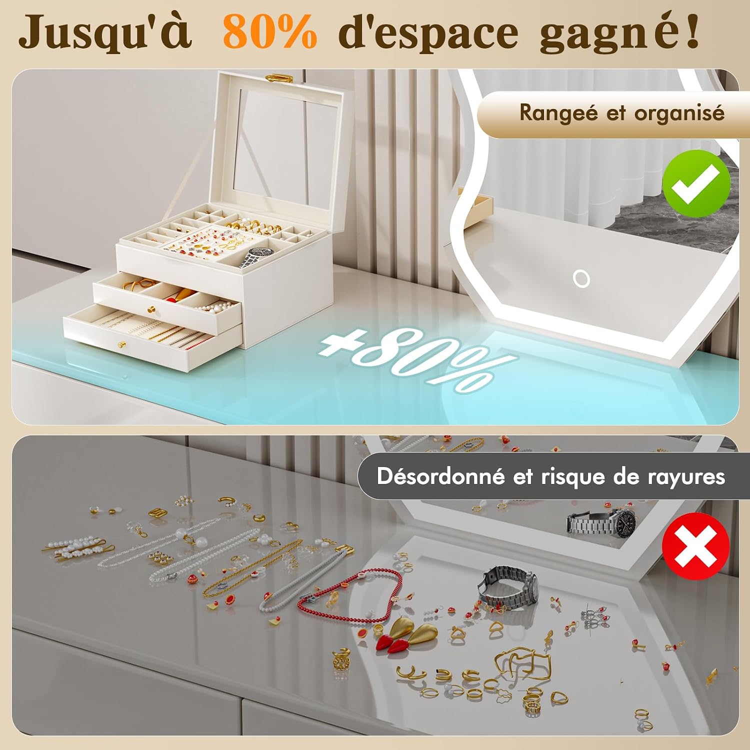 Detalle 2 de OrderlyGo Grande boîte à bijoux 3 niveaux avec couvercle transparent et velours
