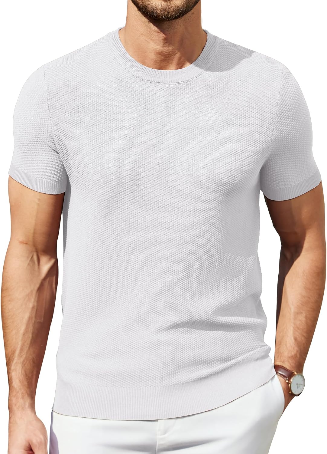 Detalle de COOFANDY T-Shirt Homme à Manches Courtes Tricoté – Tee-Shirt Été Standard