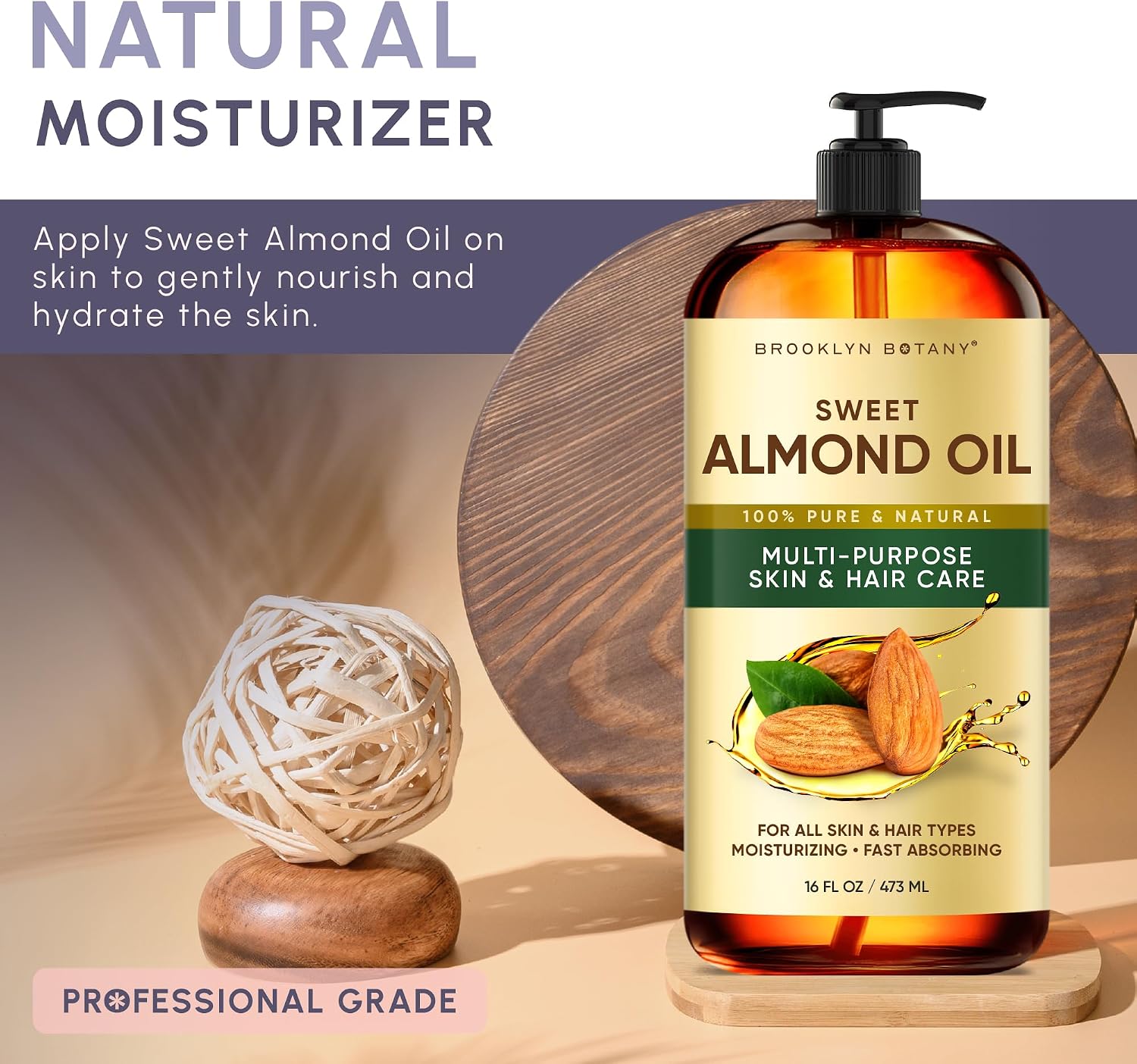 Detalle de Brooklyn Botany Sweet Almond Oil (16 Fl Oz): A practical carrier oil for hair, skin, and massage