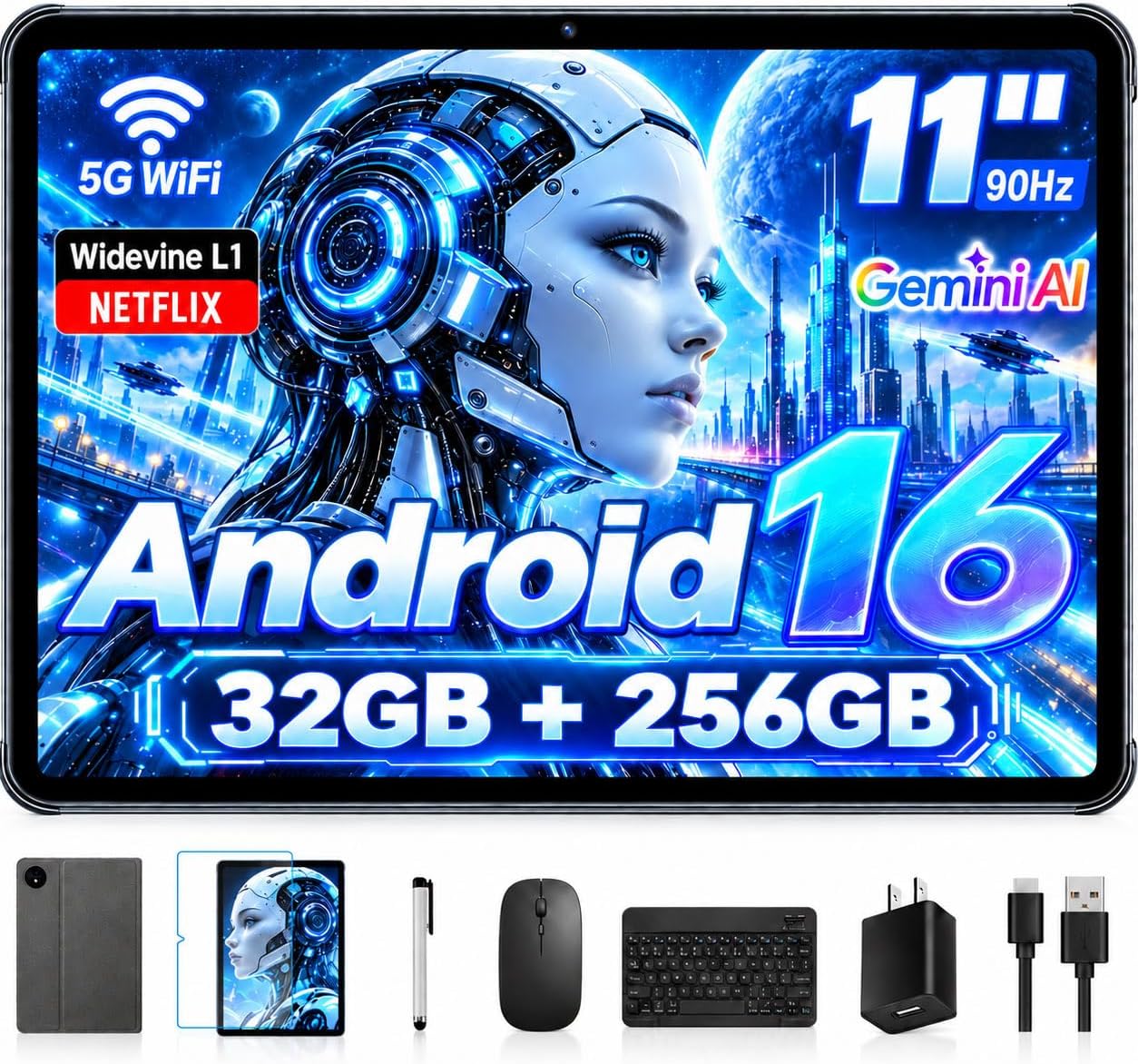 Detalle de 11 Inch Android 16 Tablet with Keyboard (T7250 Octa-Core) — 24GB RAM + 256GB Storage, Widevine L1, Gemini AI