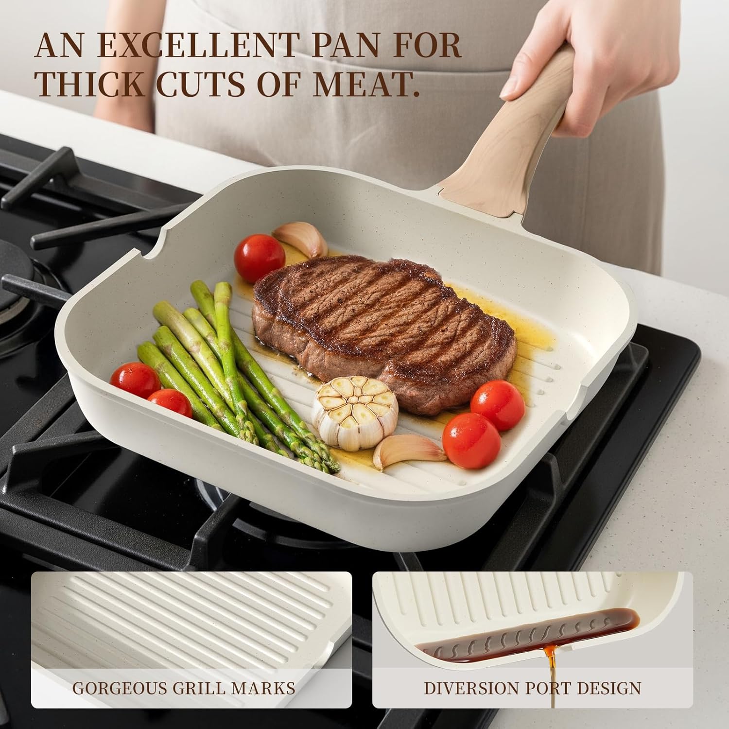 Thumbnail 3 de Kikcoin 16Pcs Ceramic Nonstick Pots & Pans Set with 9.5" Grill Pan (PTFE/PFOS/PFOA Free), Stackable White Set