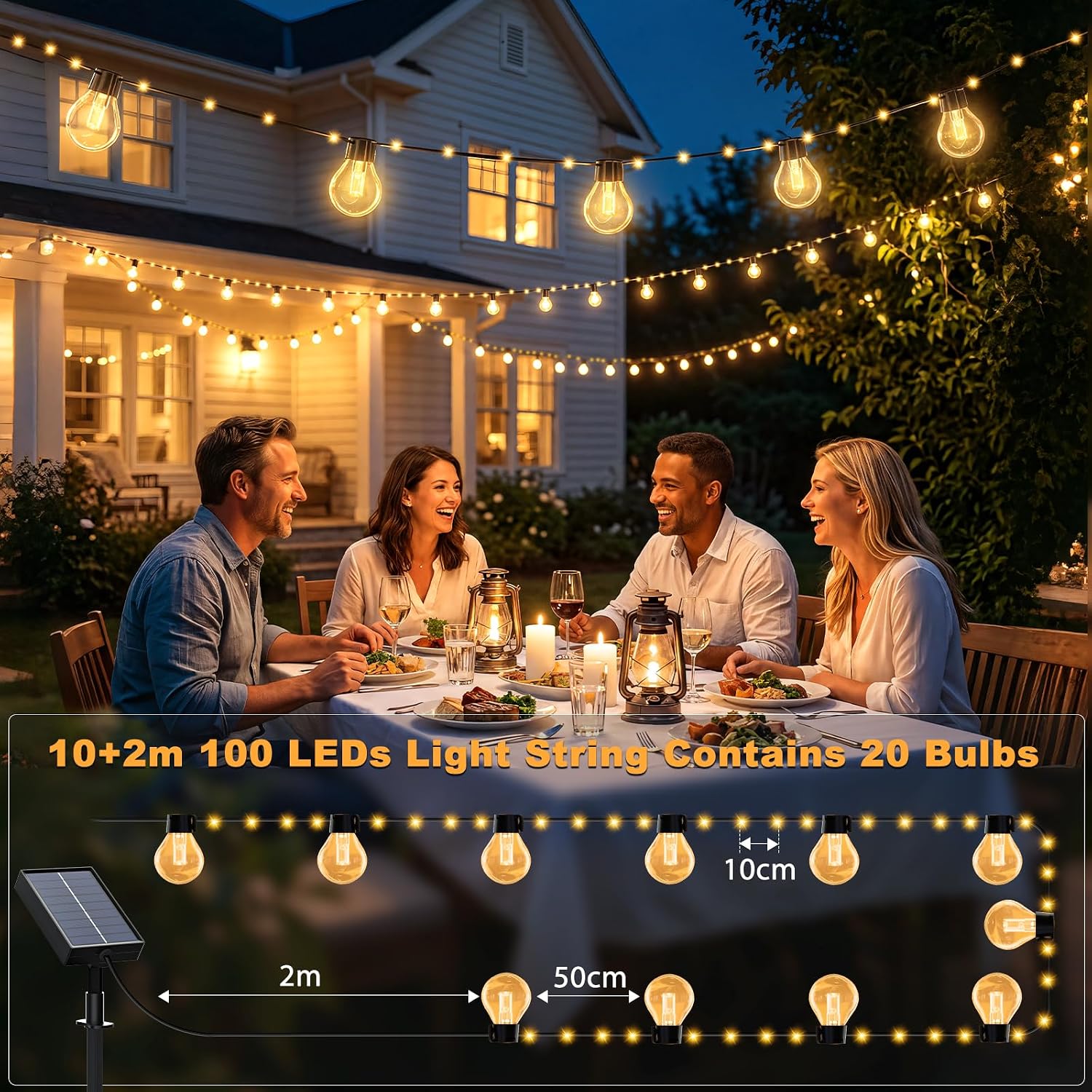 Detalle de Solar Lichterkette Outdoor 10 m mit 100 LEDs – 8 Modi, Fernbedienung, IP44