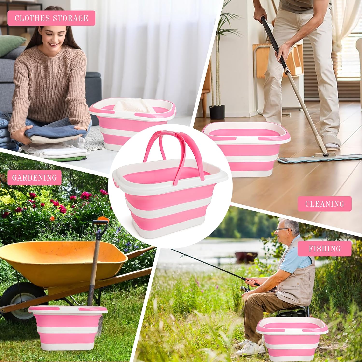 Detalle de XXFLOWER 16 L Collapsible Cleaning Bucket, Pink and White, Space-Saving Design