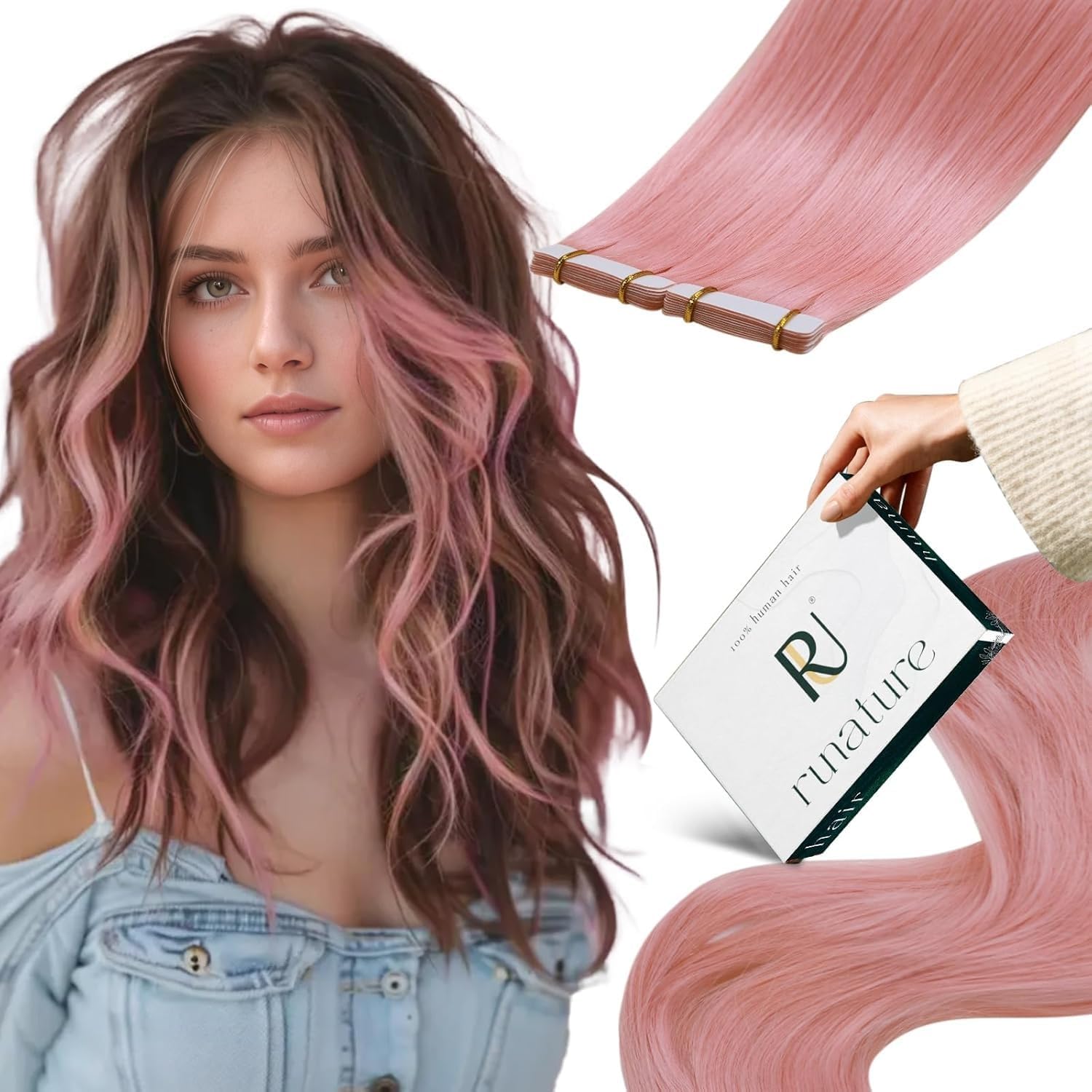 RUNATURE Extension Biadesive Capelli Veri Rosa 35 cm – 10 pezzi Remy, Colore Pink