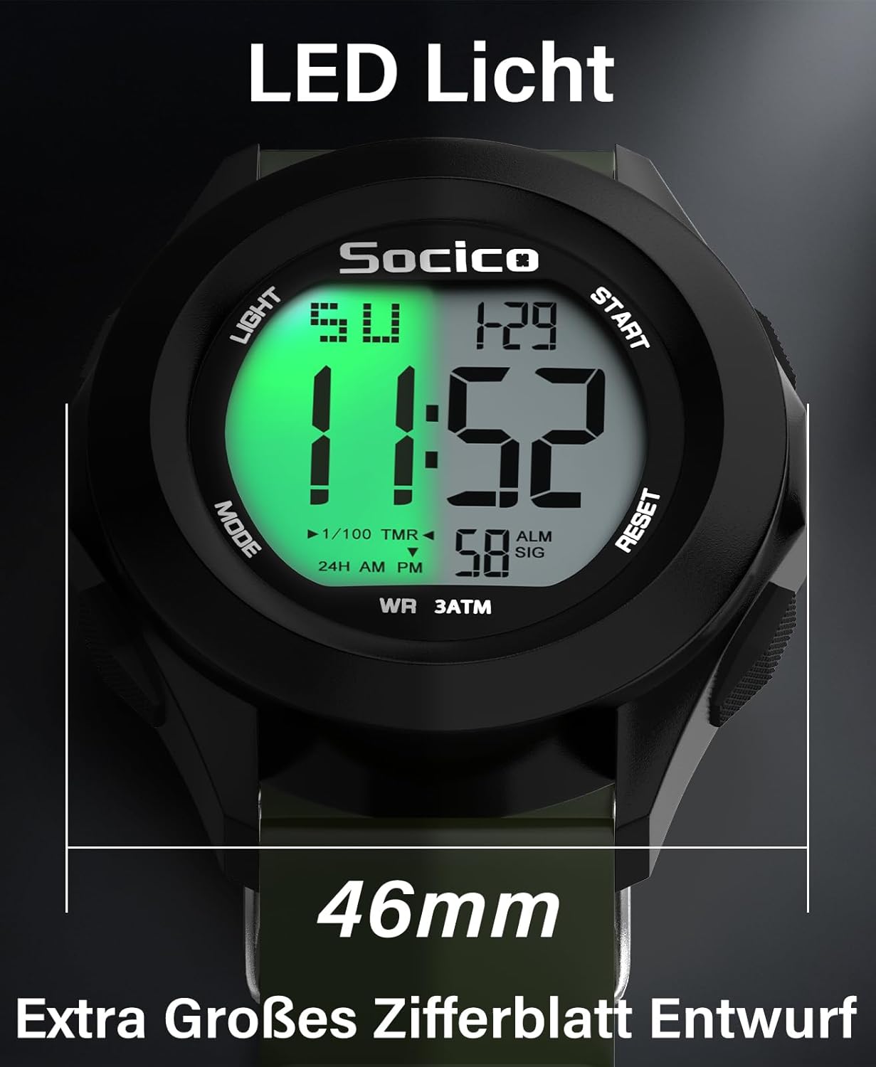 Thumbnail 3 de SOCICO Herren Digitaluhr Sport wasserdicht Outdoor mit Stoppuhr, Alarm und Datumsanzeige