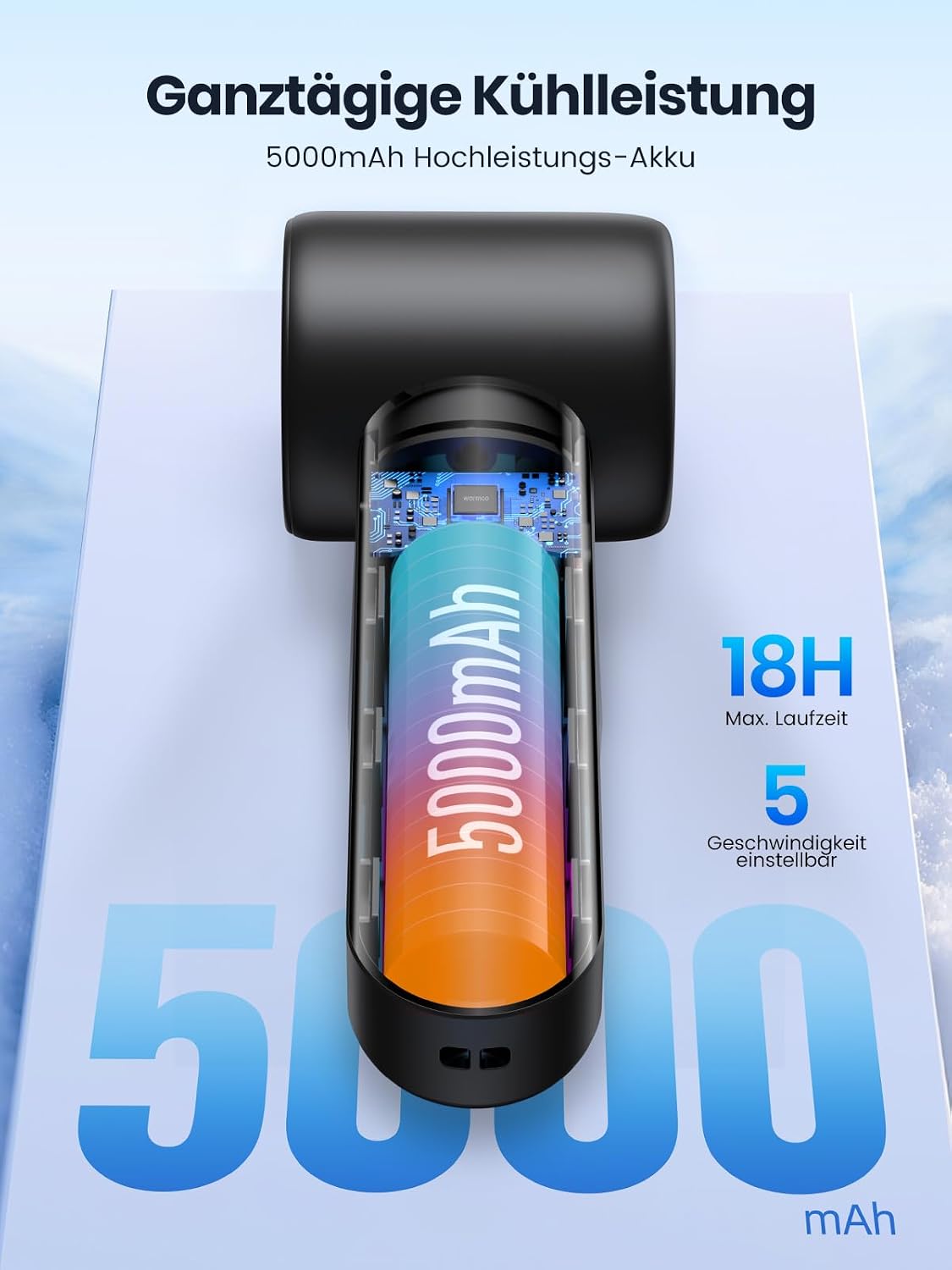 Detalle de Warmco Tragbarer Handventilator – kompakter Reiseventilator mit 5 Geschwindigkeiten, 5000 mAh