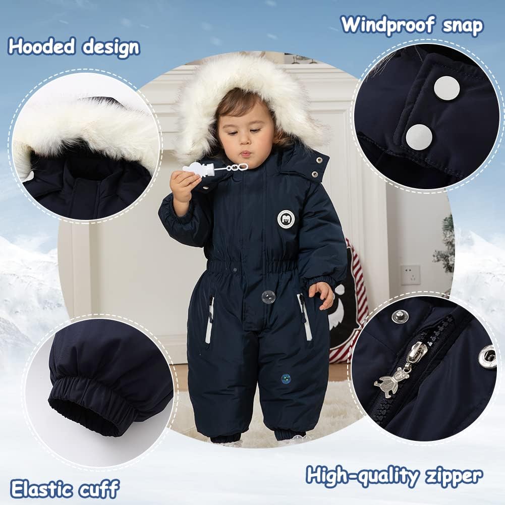 Detalle de Xifamniy Toddler Snowsuit, Hooded Waterproof Winter Romper in Navy or Pink