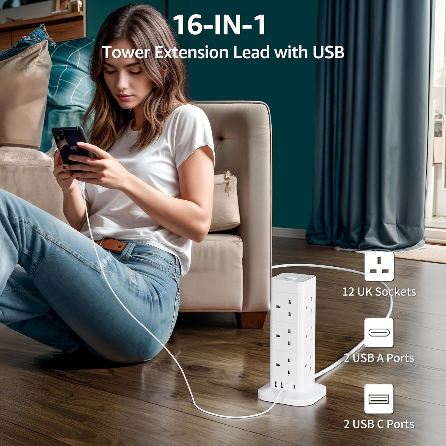 Thumbnail 2 de Hotimy 12 Way Tower Extension Lead 3250W