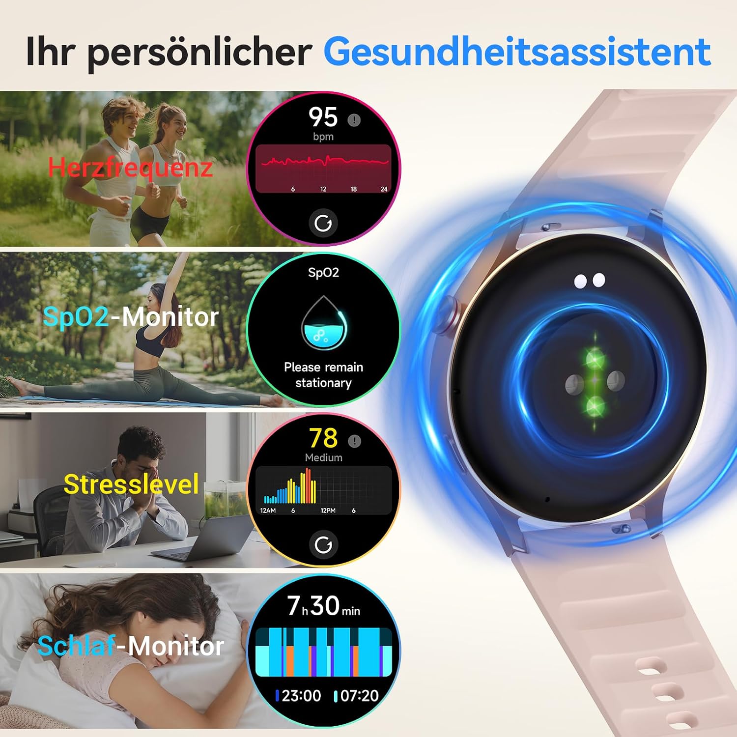 Detalle de Smartwatch Damen Rund mit Telefonfunktion – 1,32" AMOLED Display, 110+ Sportmodi, 3ATM, Puls- und SpO2-Messung, Schlafmonitor, Rosa