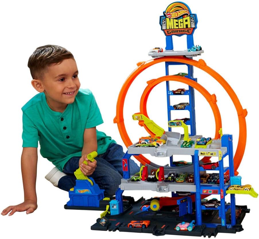 Thumbnail 3 de Hot Wheels City Méga Garage avec voiture et hélicoptère – 3 niveaux, 2 boucles, 37 emplacements 1/64 (JLC05)