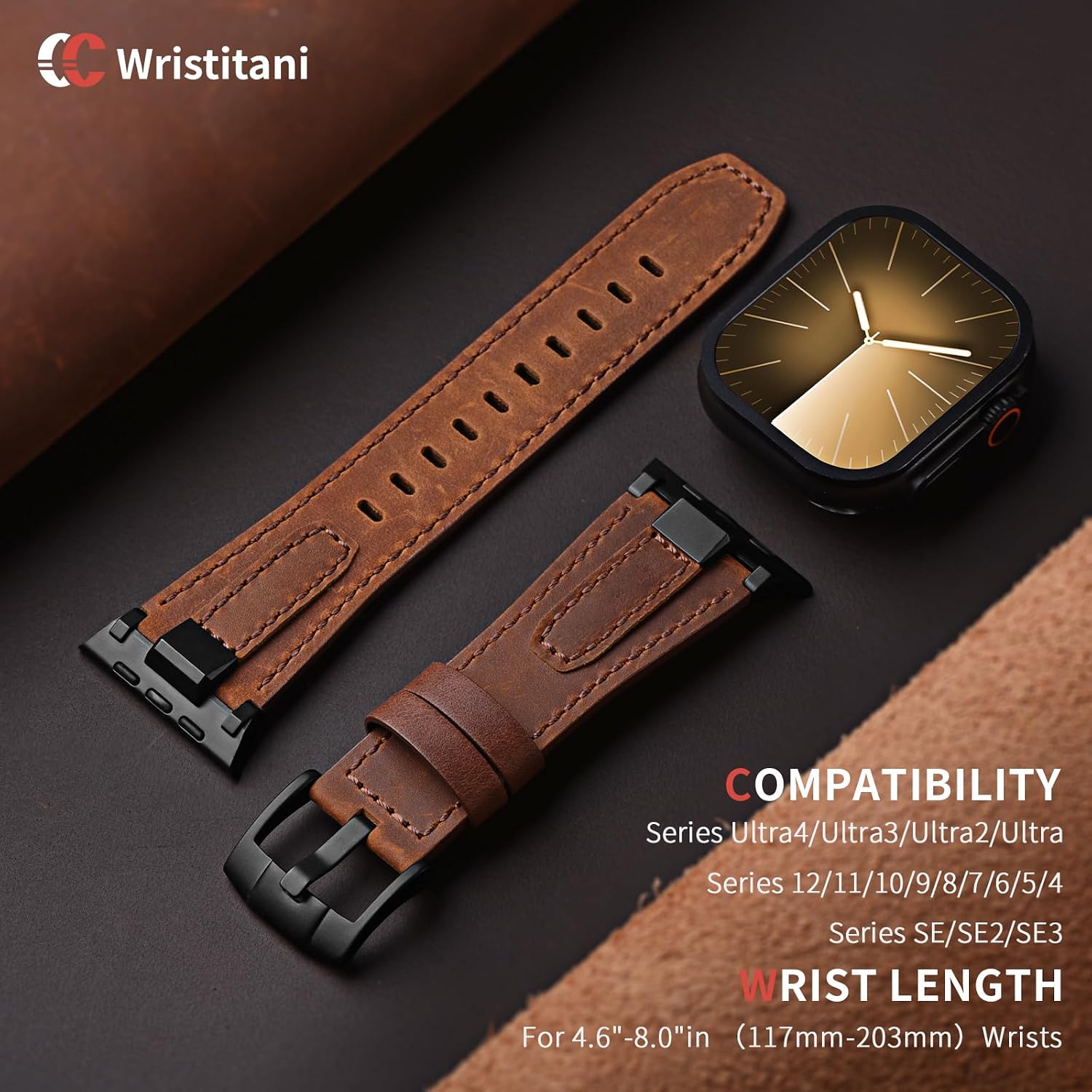 Detalle de Wristitani Genuine Leather Apple Watch Band, 28mm Wide with Metal Connectors