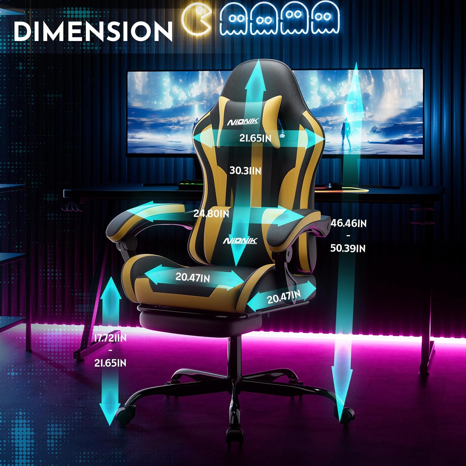 Thumbnail 5 de NIONIK Ergonomischer Gaming-Stuhl mit Fußstütze – Verstellbarer Computerstuhl mit Kopfstütze, Lendenwirbelstütze & Höheneinstellung (Orange BY)