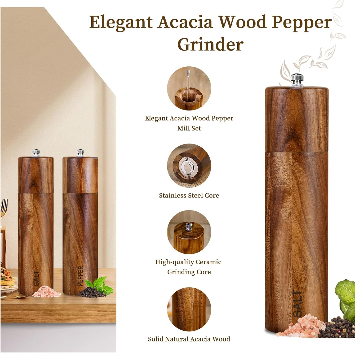 Detalle 2 de Haomacro Acacia Wood Salt and Pepper Grinder Set, 8-Inch, Refillable