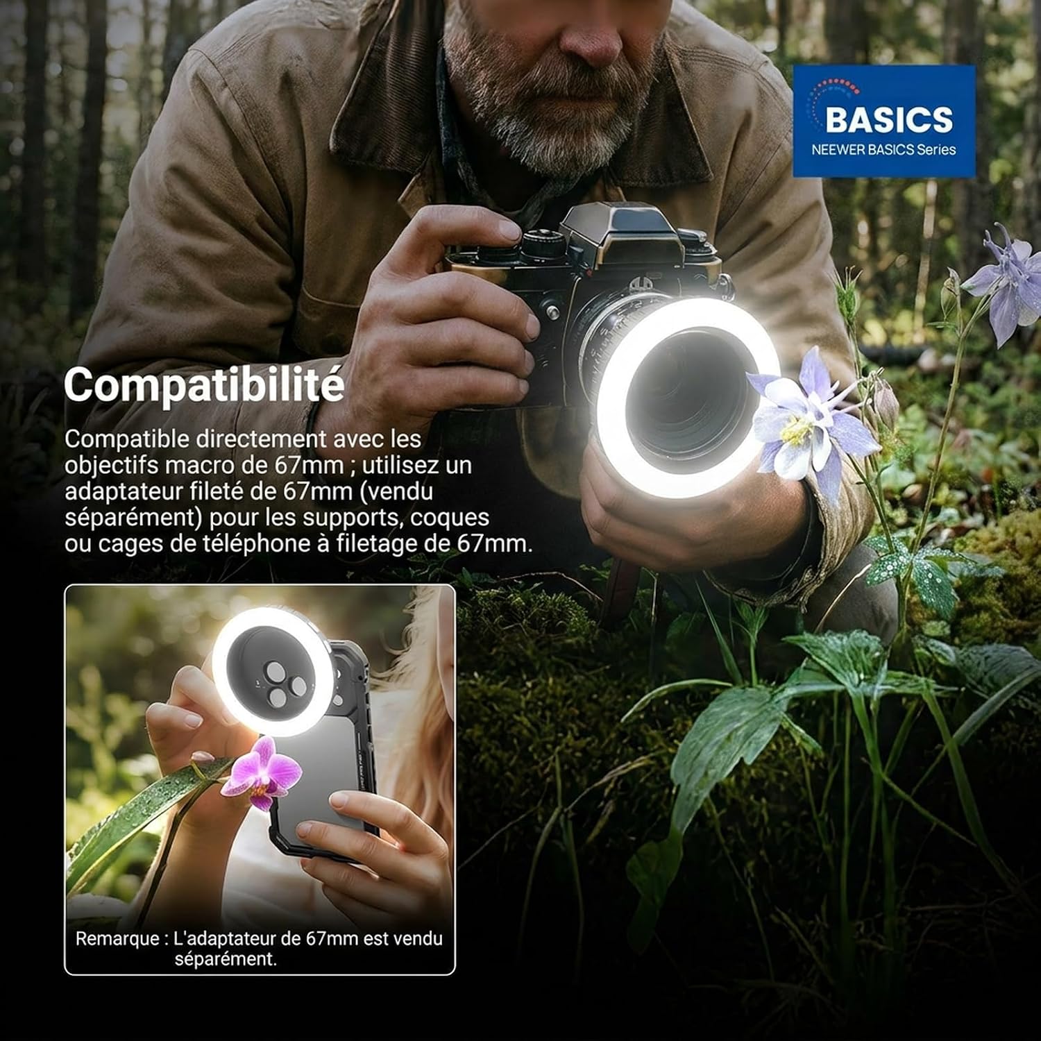 Detalle 2 de NEEWER Basics M22 anneau lumineux LED fileté 67 mm (bicolore, rechargeable, CRI95+)