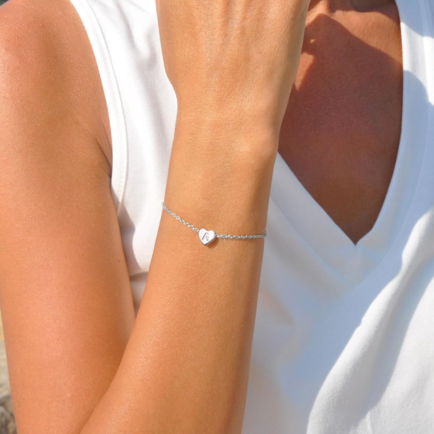 Thumbnail 3 de TINGN Bracelet cœur en argent et plaqué or blanc 14 carats avec initiales – Bracelet à breloques cœur, duo élégant