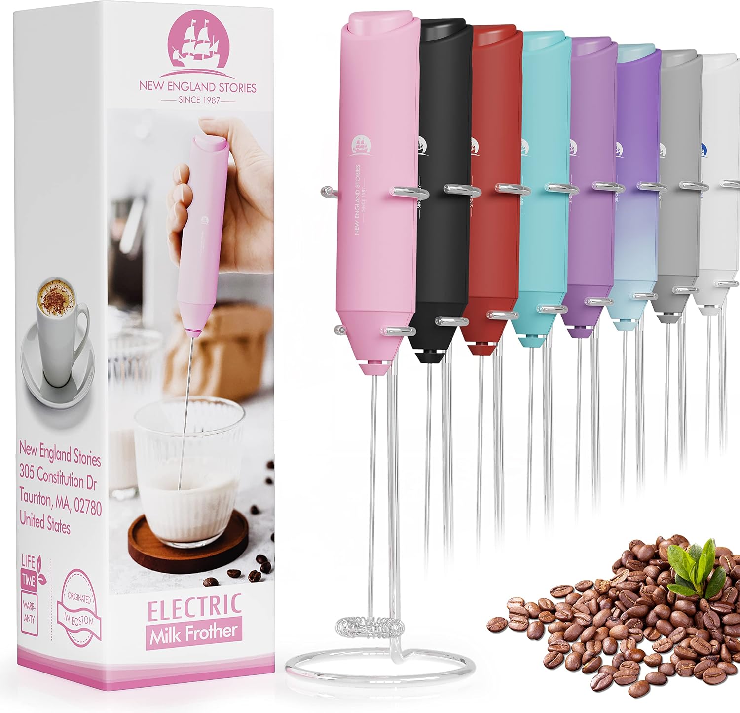 Detalle de New England Stories G1-PINK-STAND Handheld Milk Frother with Stand