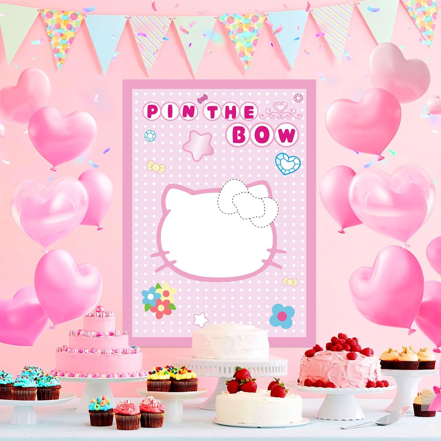 Thumbnail 3 de Cute Pink Cats Birthday Party Decoration Game: Pin the Bow on the Cat (24 Stickers + Poster)
