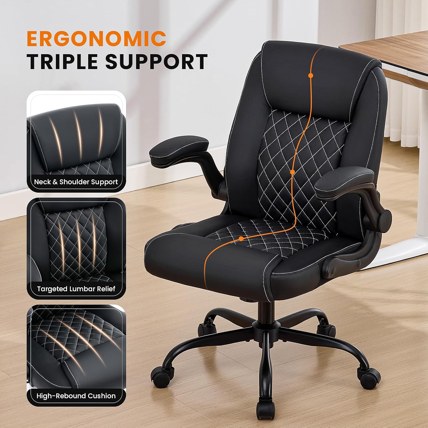 Thumbnail 6 de Deroavixe YZ-5272-BLK-US Executive Office Chair, PU Leather, Flip-Up Arms