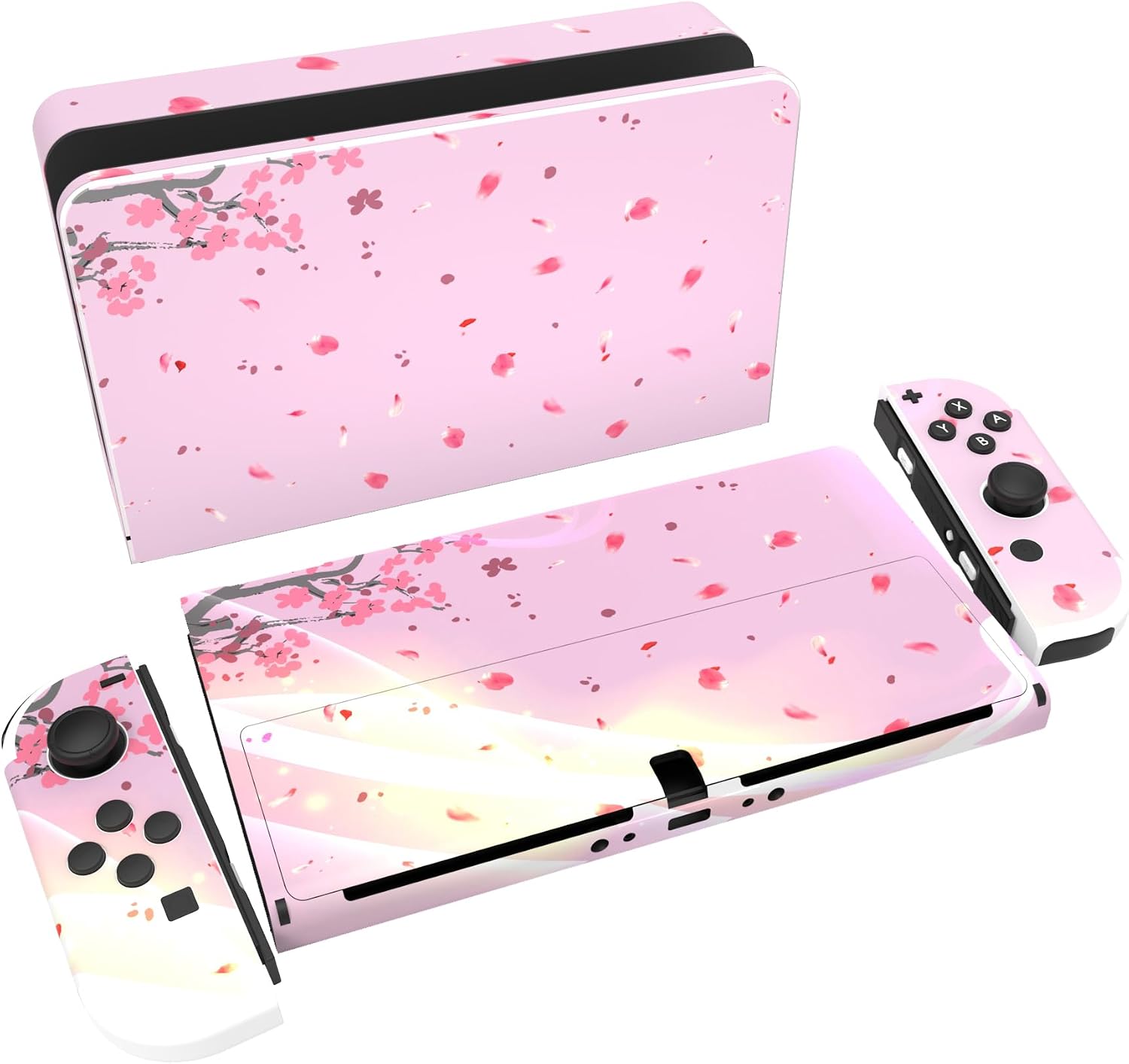 Detalle de PlayVital Full Set Protective Stickers for Nintendo Switch OLED (Pink Cherry Blossom)